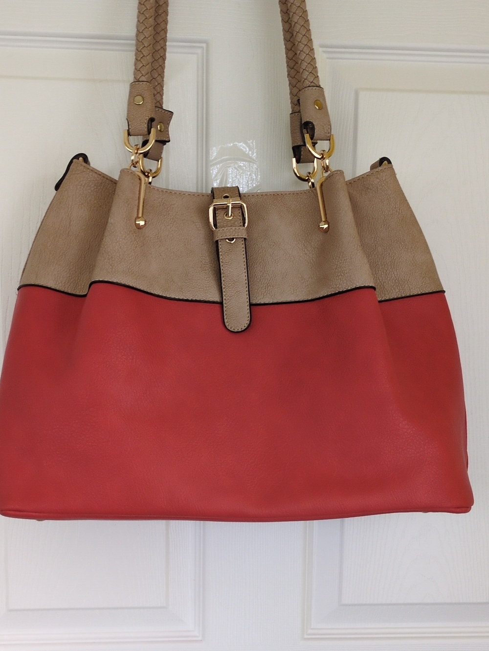 Black Rivet Two-Tone Coral and Tan Tote with Braided Handles